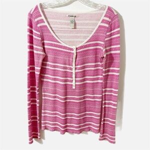 Lucky Brand Pink / White Striped Waffle Knit Long Sleeve Scoop Neck Pullover Top